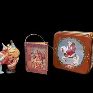 Santa Figurine, mini book and Tin Set. Used, no box